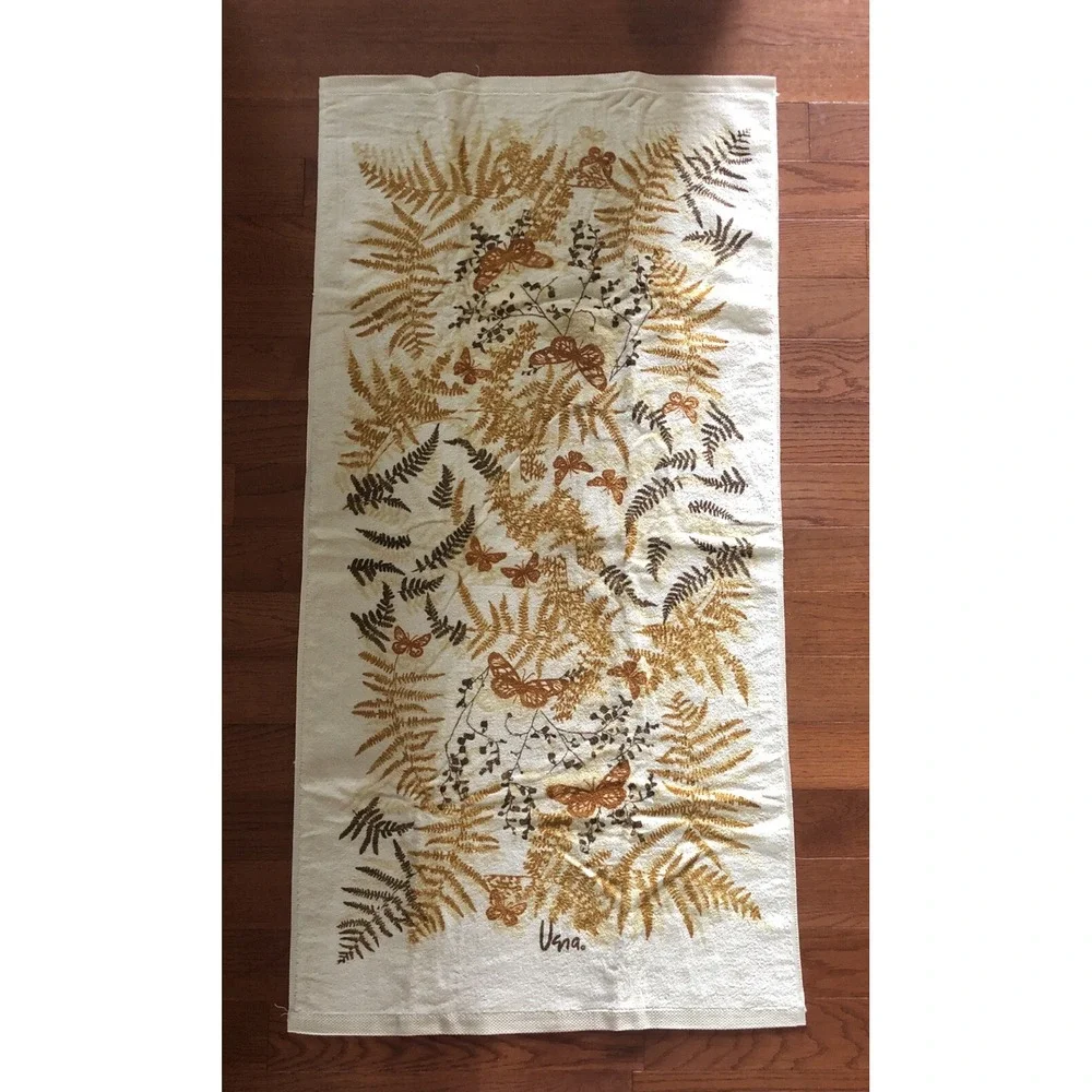 Vtg Vera Burlington Towel Set 3 Pcs Ivory Cotton Butterfly Floral Bath Hand Face
